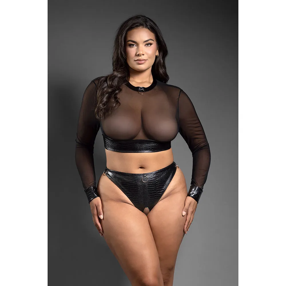Fantasy Lingerie Domina Embossed Faux Leather Mesh Long Sleeve Top & Crotchless Thong Queen Size