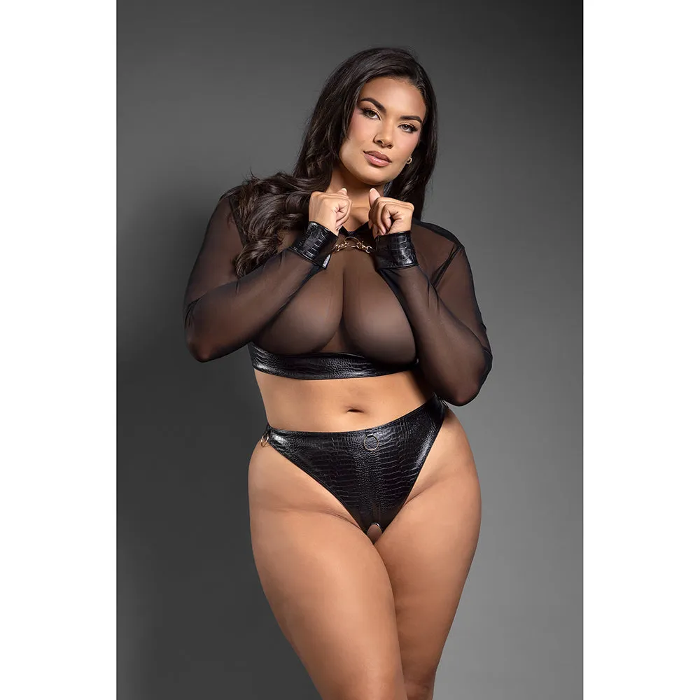 Fantasy Lingerie Domina Embossed Faux Leather Mesh Long Sleeve Top & Crotchless Thong Queen Size