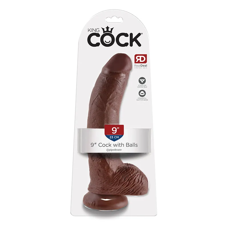 King Cock 9 in. Cock With Balls Realistic Suction Cup Dildo Brown