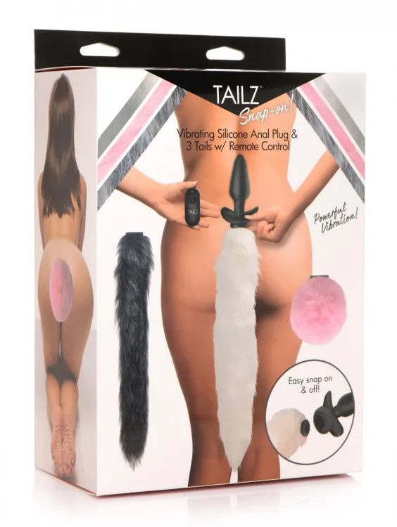 Tailz Snap On Vibrating Silicone Anal Plug w/3 Interchangeable Tails & Remote - Asst Colors